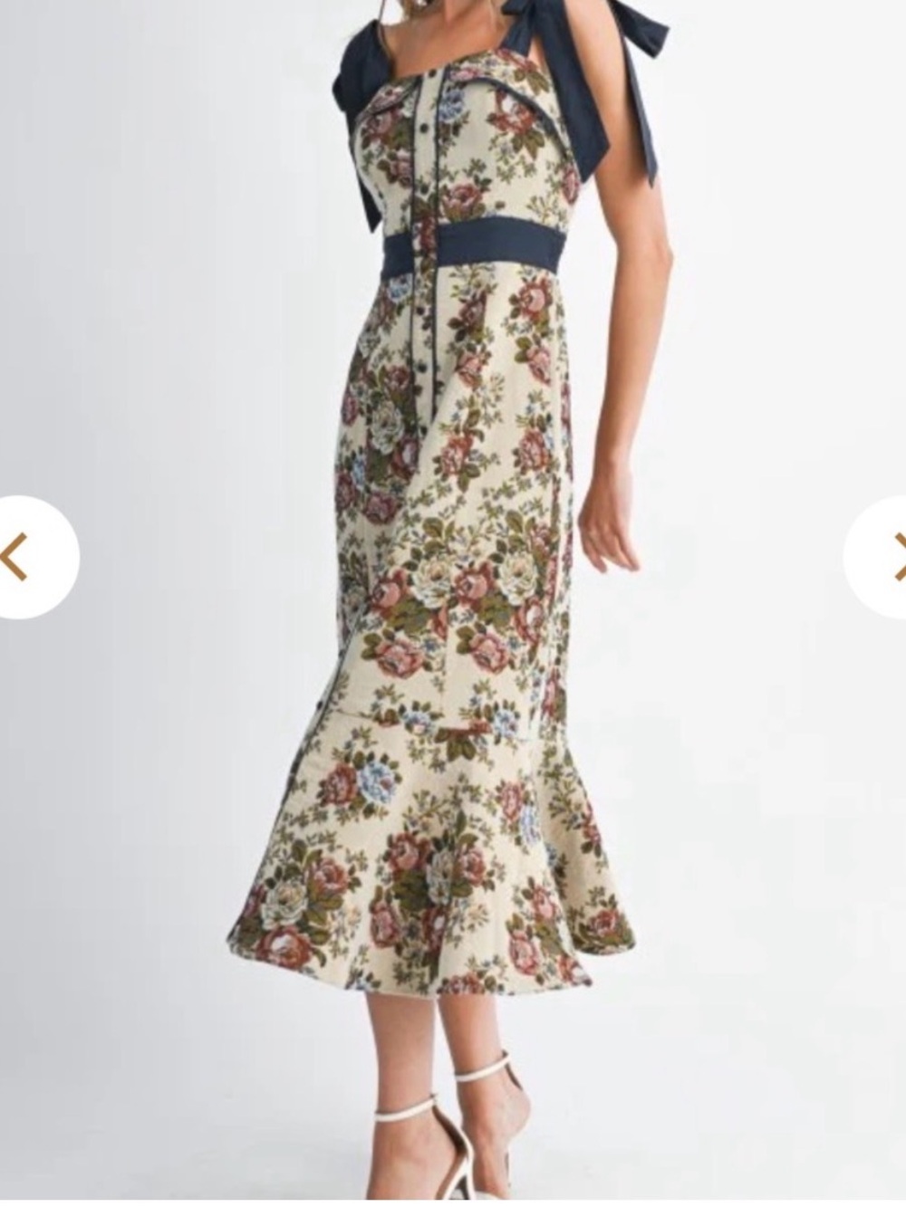 Mable Shoulder Bow Floral Midi Dress in Cream with Navy Accents